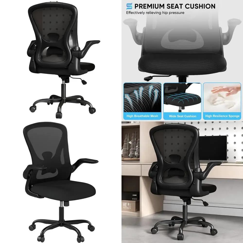 Sedia da ufficio ergonomica in rete con braccioli imbottiti, supporto lombare e cuscino confortevole (Nero)