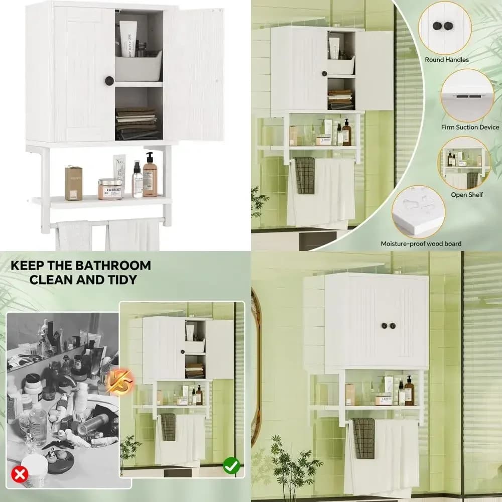 Armadietto rustico in legno da parete con portasciugamani per bagno, soggiorno o cucina, bianco