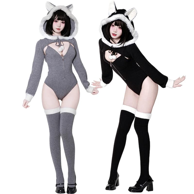 SEMNHS Originale Anime Volpe Grigia Costume Cosplay Tuta Sexy Con Cappuccio Top Calzini Kawaii Bunny-Style Peluche Pigiama Tuta nuovo