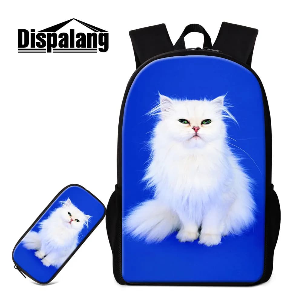Multi Pocket Backpack with Pencil Case 2-in-1 Set, White Cat & Unicorn Print School Bag for Girls, Cute Casual Travel Bookbag