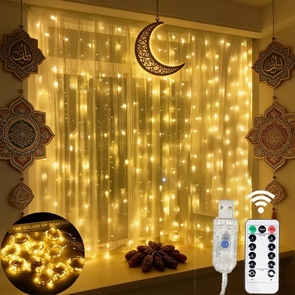 Luci a tenda USB Eid Mubarak 2026 per esterni, luci fatate a stringa per giardino, cortile, matrimoni, festa della mamma, decorazioni natalizie