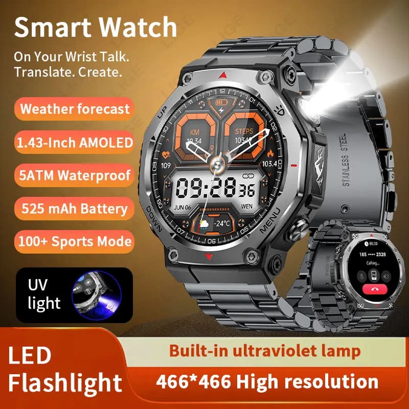 LIGE Smartwatch for men with AMOLED screen, sports tracker, sleep monitoring, waterproof 5ATM, Bluetooth call, torch, military smartwatch