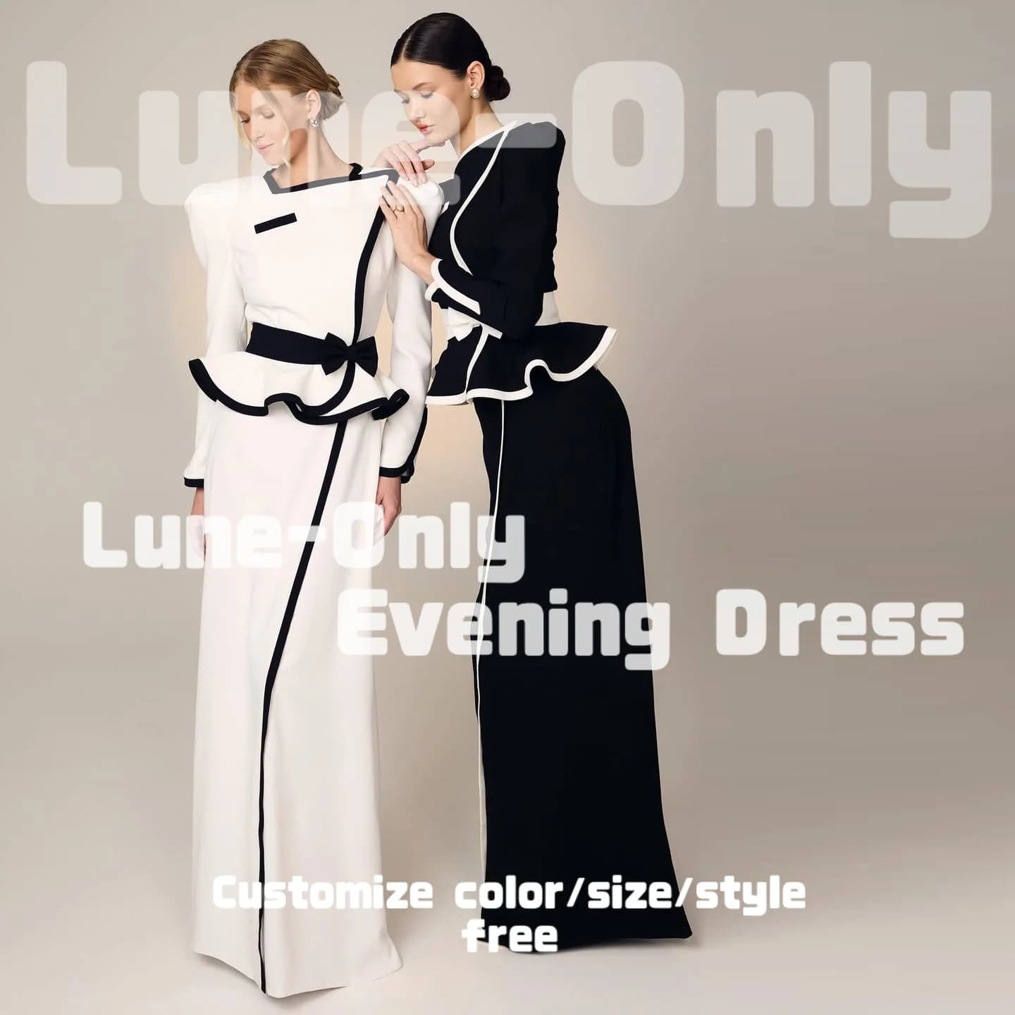 Abiti da sera bianchi neri vintage personalizzati a maniche lunghe Abito da festa elegante con fiocco Abito formale da ballo lungo fino al pavimento