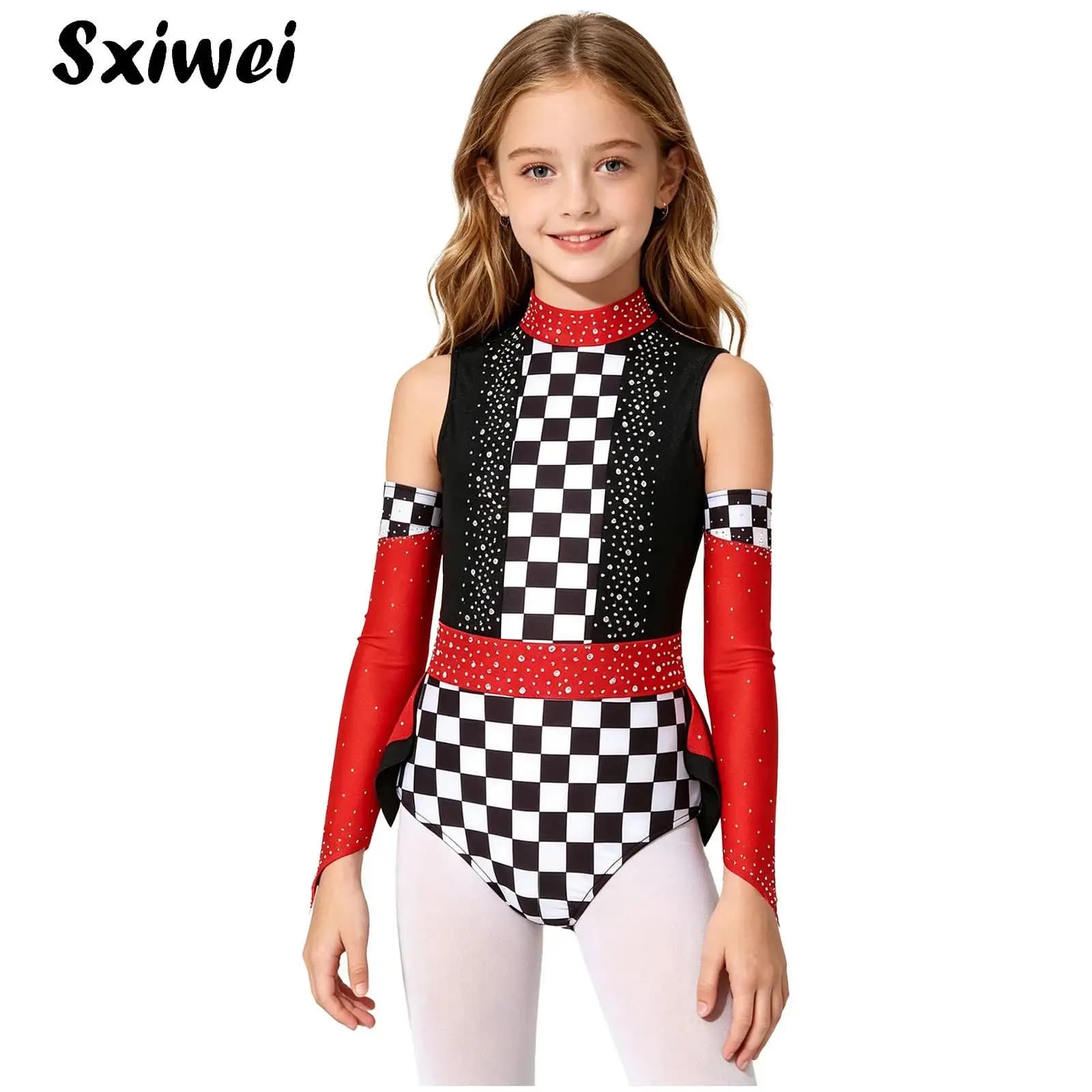 Costume da Pilota da Corsa per Bambina, Body da Pattinaggio su Ghiaccio con Strass e Stampa a Scacchi, Leotard con Maniche a Sbuffo