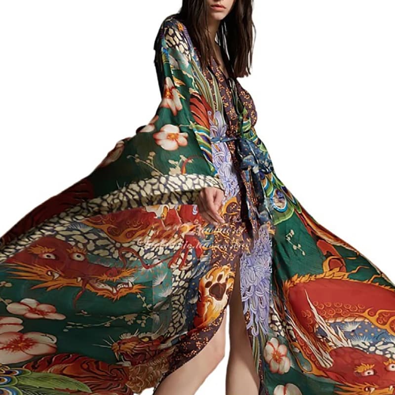 Women's Casual Batwing Sleeve Loose Maxi Dress Fashion Pattern Print Hollow Long Dress Elegant V-neck Cover Up Belted Robe Dress