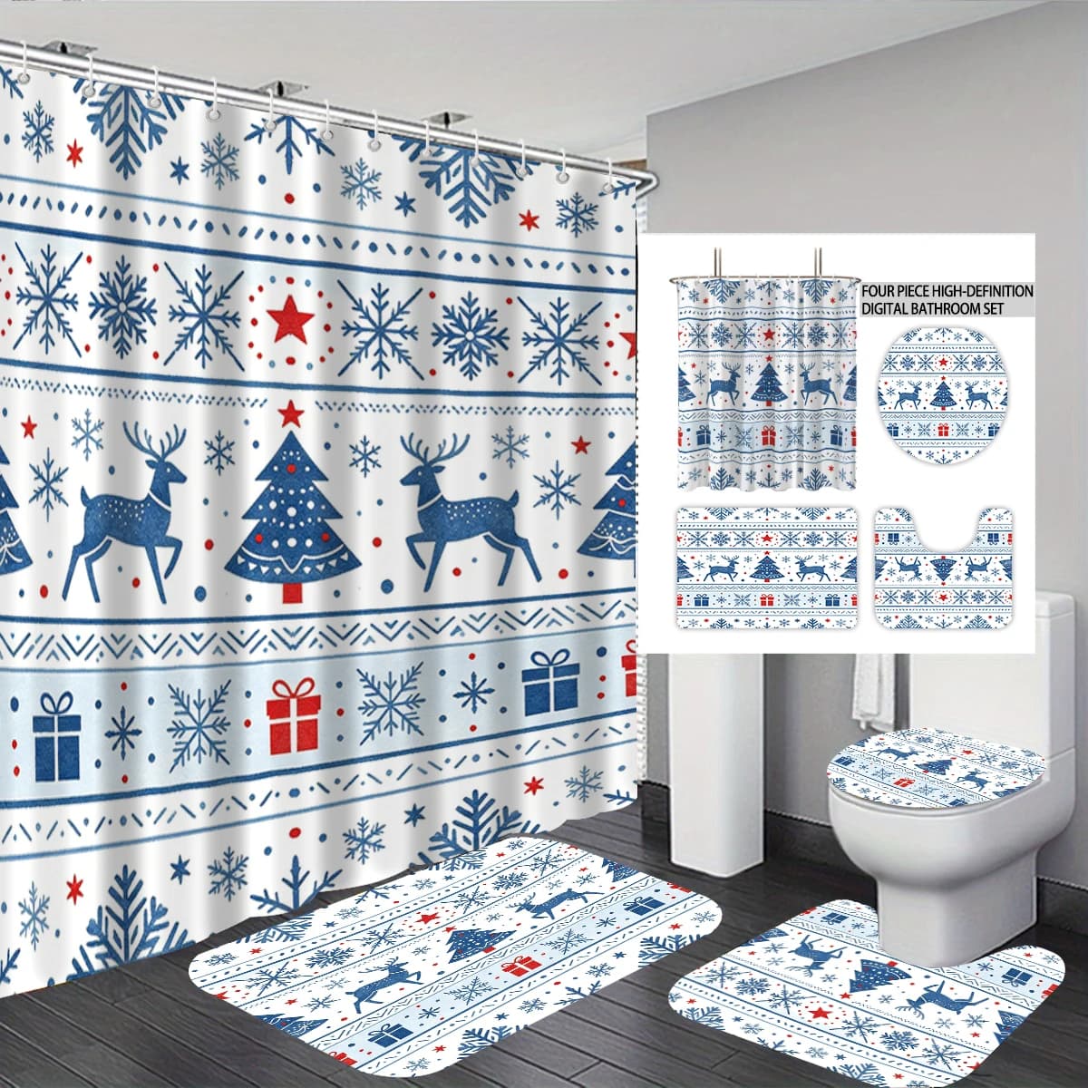 4PC Christmas reindeer snowflake Christmas tree print bathroom set partition privacy shower curtain home bathroom decoration