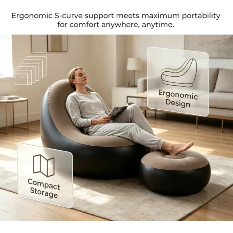 Inflatable Lounger with Footstool Ottoman Chaise Lounge Recliner Outdoor Portable Camping Couch Garden Chair