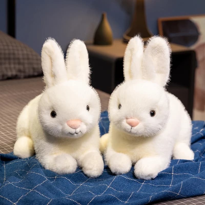 Realistic Lying White Rabbit Plush Toy Soft Fluffy Bunny Stuffed Doll Long Ear Pink Nose Home Desktop Decor Gifts.
