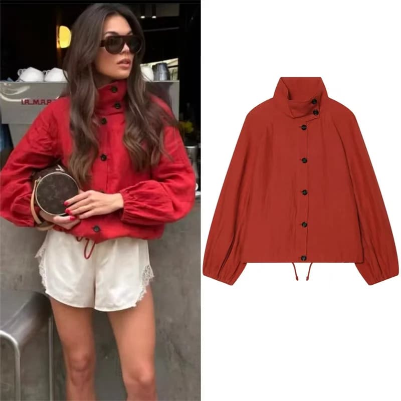 Women's Jacket 2026 Summer New Red Long-Sleeve Button-Decorated Loose Fit Jacket Parka Fashionable and Stylish