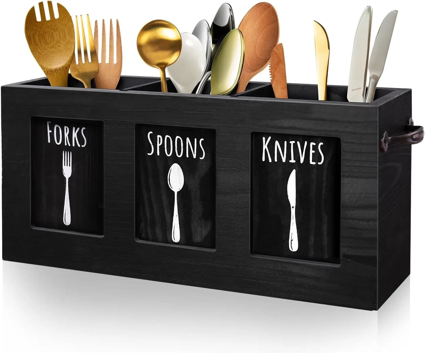 Organizzatore per posate in legno, porta utensili rustico per forchette, cucchiai e coltelli, portaoggetti da cucina in stile rustico - Nero