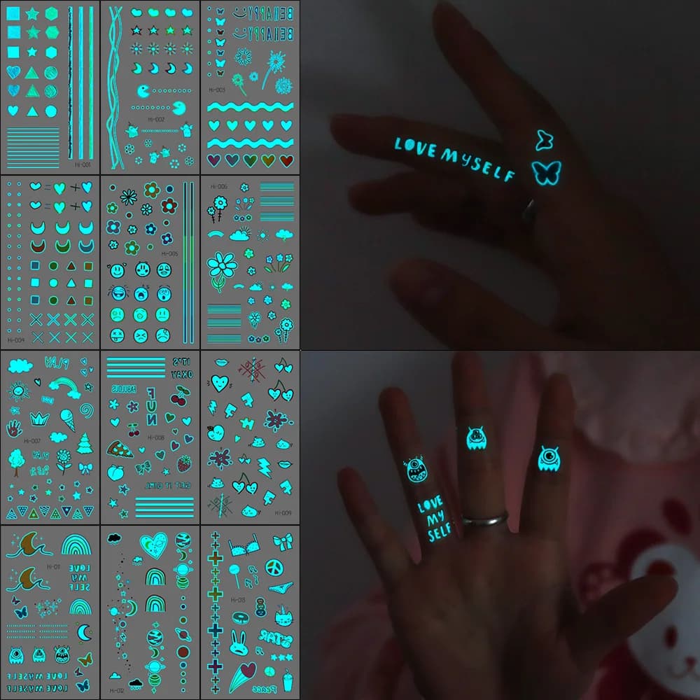 Adesivi per tatuaggi che si illuminano al buio 12 pezzi - Body art reattivo ai raggi UV per feste notturne (stelle/cuori/faccine sorridenti) | Impermeabile e Ipoallergenico