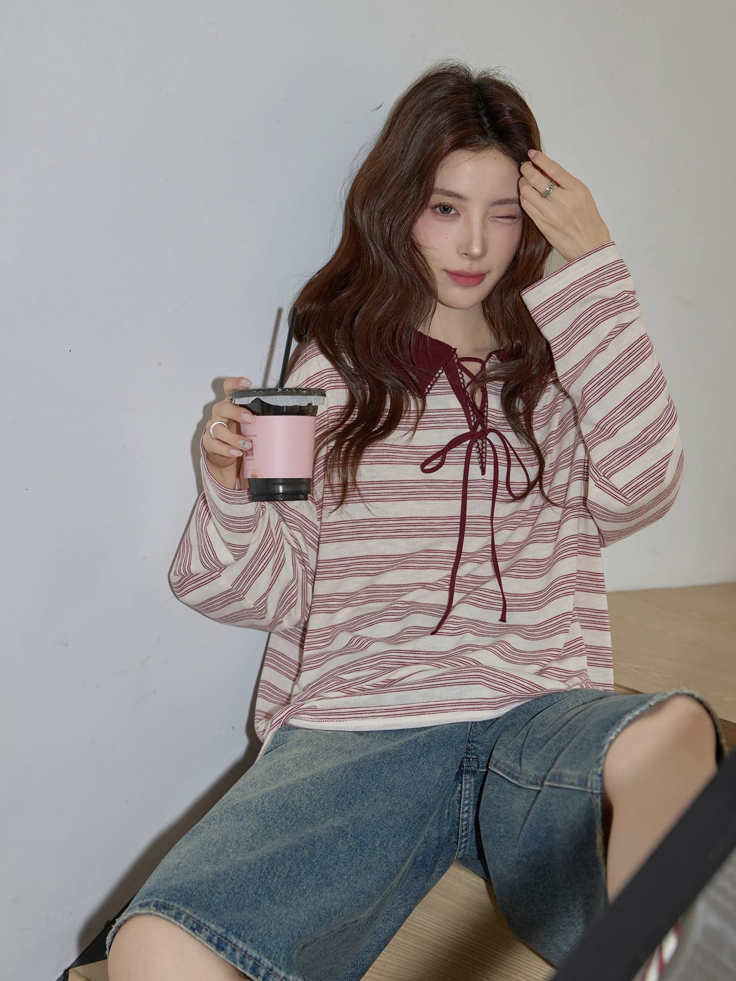 Chaocha Home Apricot Design Long Sleeve Red Stripes Casual T-Shirt Women's Loose Fit Spring City Walk Top Korean Style