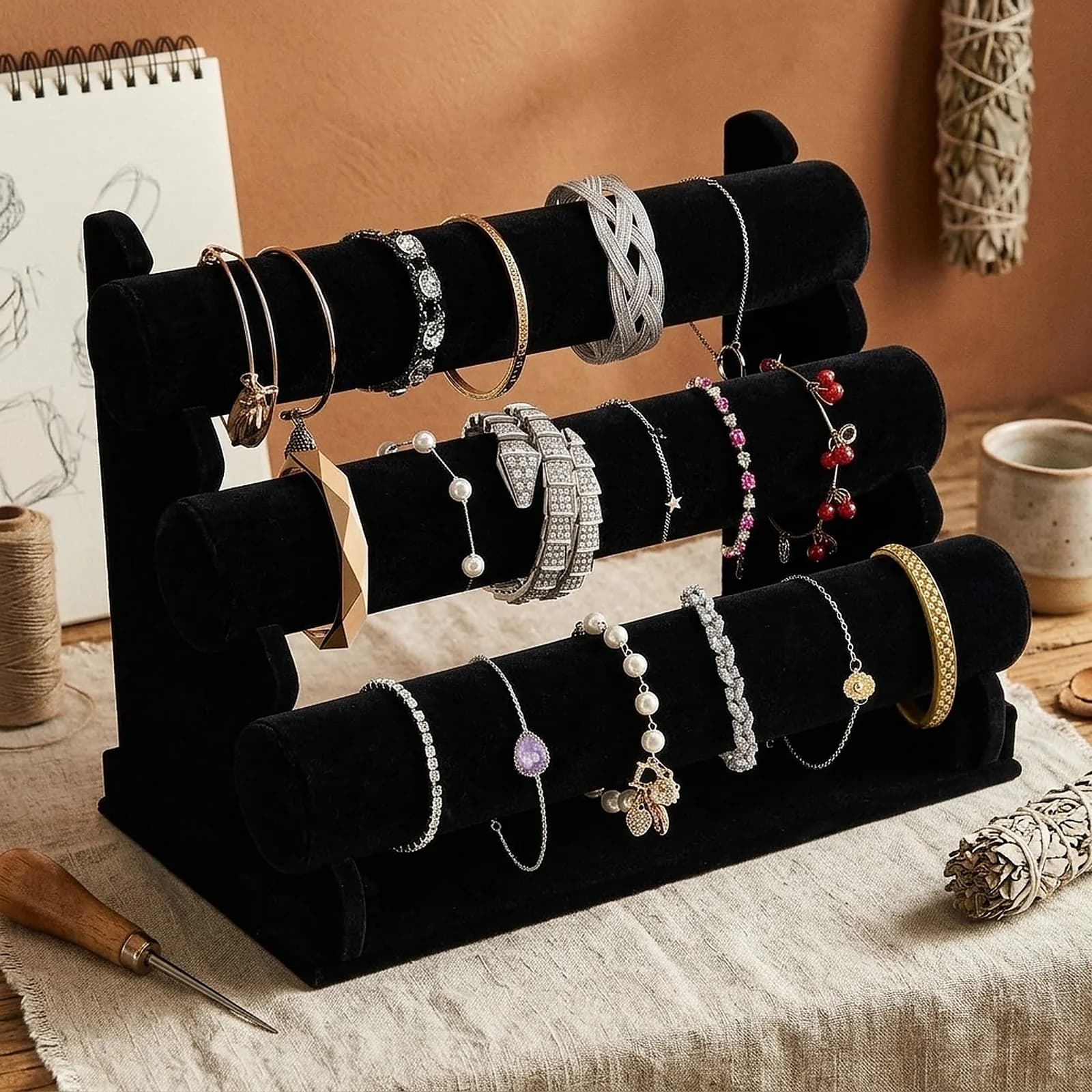 Zoyiancy 3 Tier Black Velvet Bracelet Holder, Detachable T-Bar Rack Jewelry Organizer Stand for Bangles, Watches, Necklaces, Scrunchies Storage