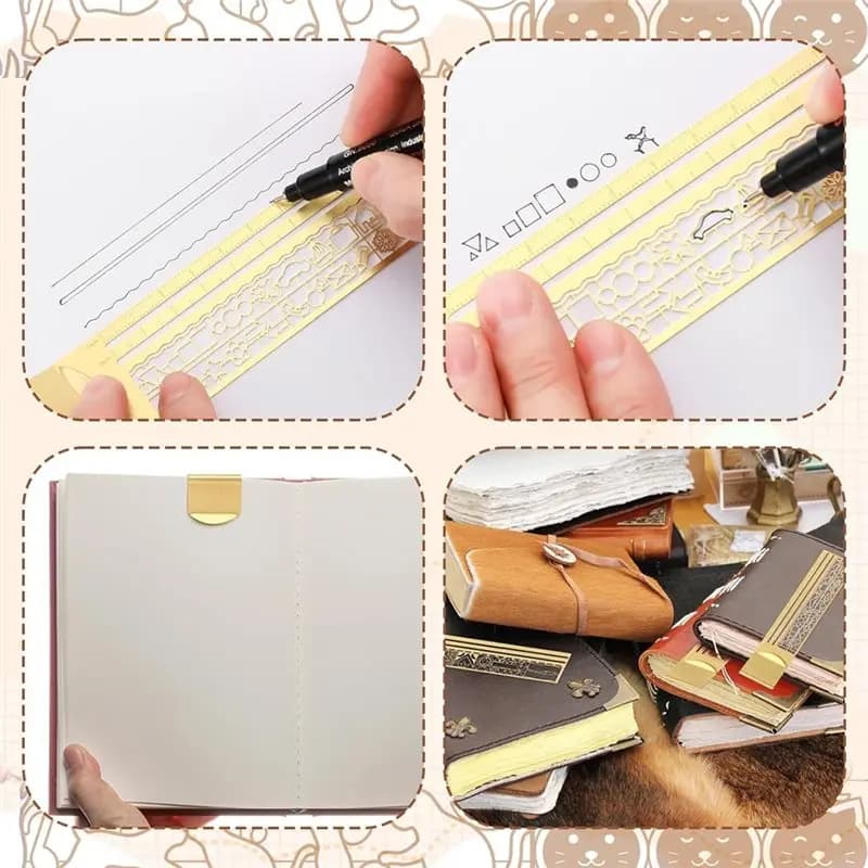 WORTHOWN - Set di 3 Clip per Righello in Ottone con 2 Penne a Punta Fine, con 3 Stencil per Planner e Quaderni Decorativi
