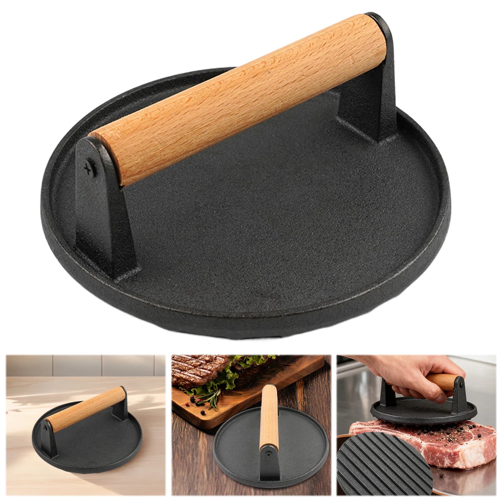 Small Bacon Press with Wood Handle, Anti-adhesive Cast Iron Burger Press, Grid and Plate