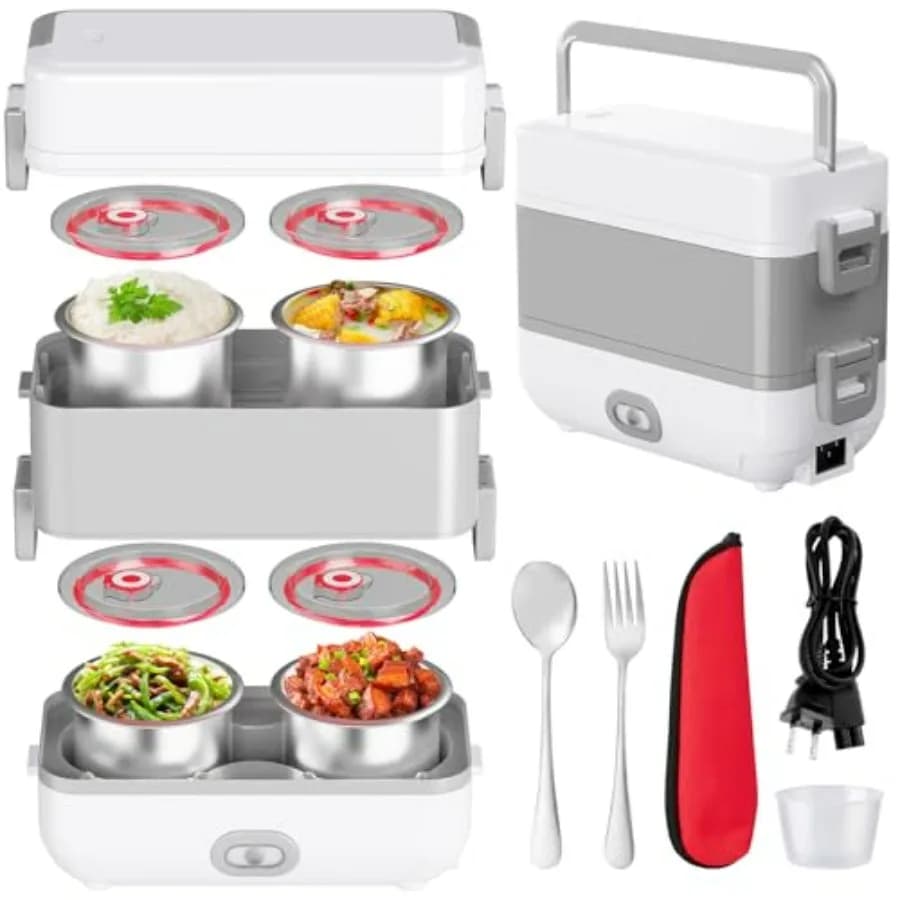 Lunch Box elettrico per adulti, scaldavivande riscaldato in acciaio inossidabile a doppio strato da 2 litri con 4 contenitori, Lunchbox a riscaldamento rapido da 200 W fo