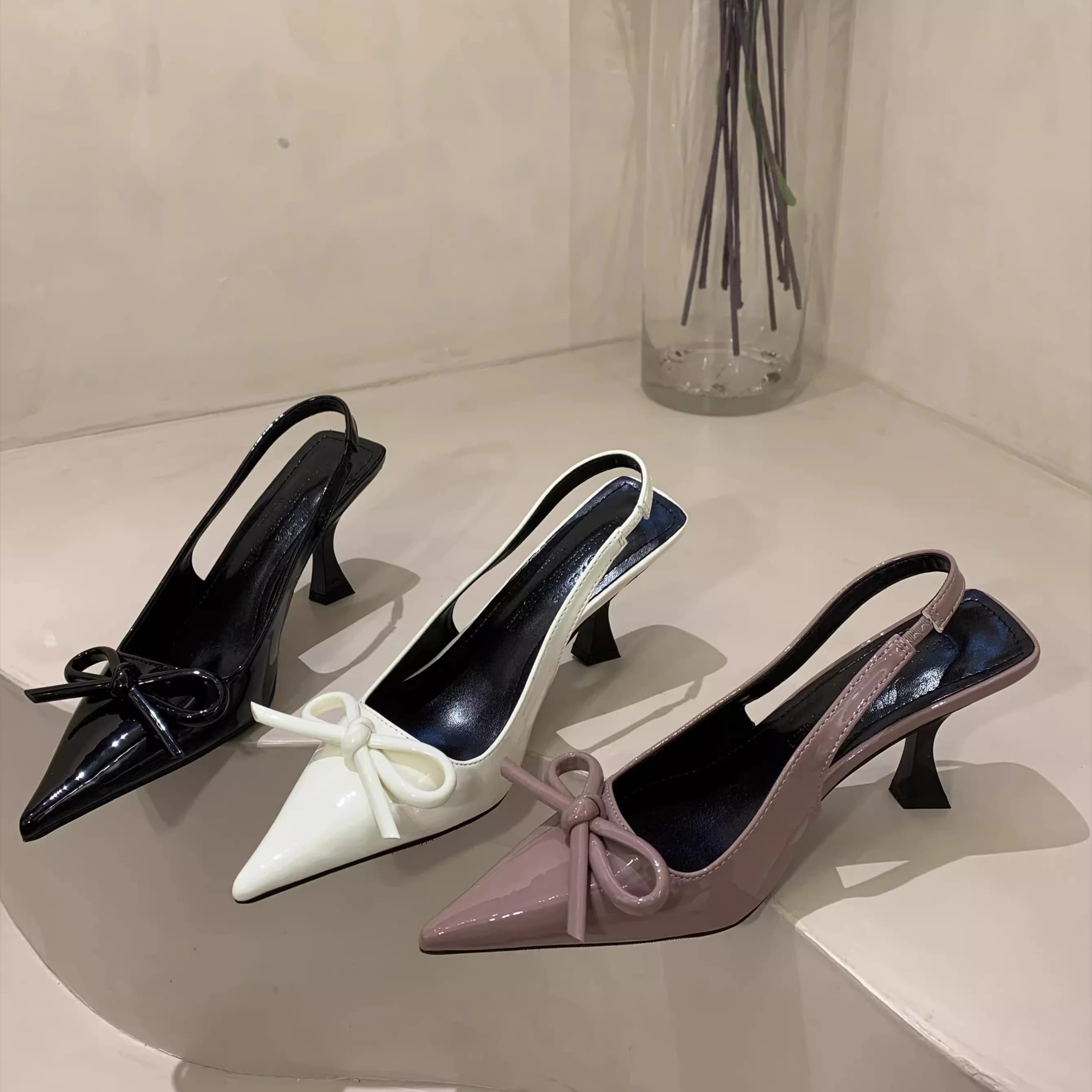 Eleganti Scarpe da Donna in Pelle con Tacco a Spillo, Comode Slingback con Fiocco, Versatili Tacchi Alti Sottili 574