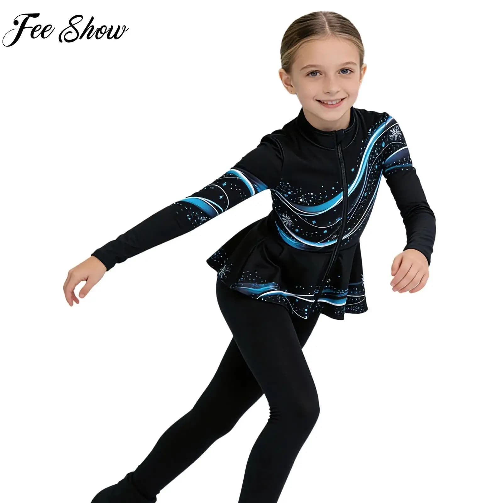Ginnastica ritmica per bambina, pattinaggio su ghiaccio, danza, top, manica lunga, elegante, stampa, giacca peplo con fodera in pile sottile