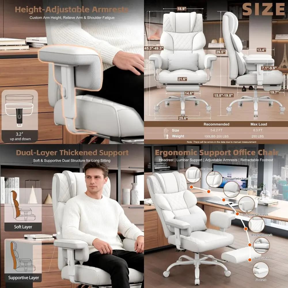 Ergonomic High-Back Gaming Chair with Adjustable Armrests and Lumbar Support, Executive White PU Leather Office Desk Chair