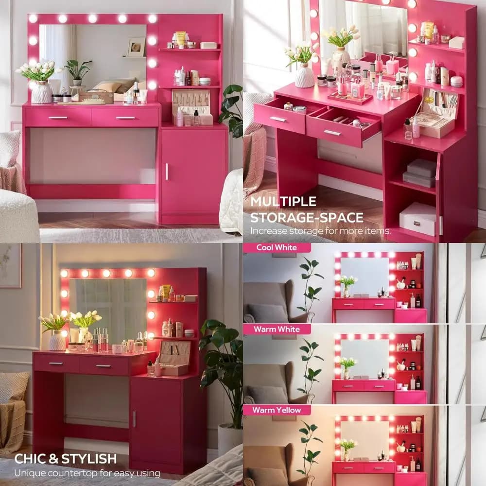 Vanity desk da 467" illuminato a led con specchio, cassetti doppi, organizer verticale e ripostiglio regolabile