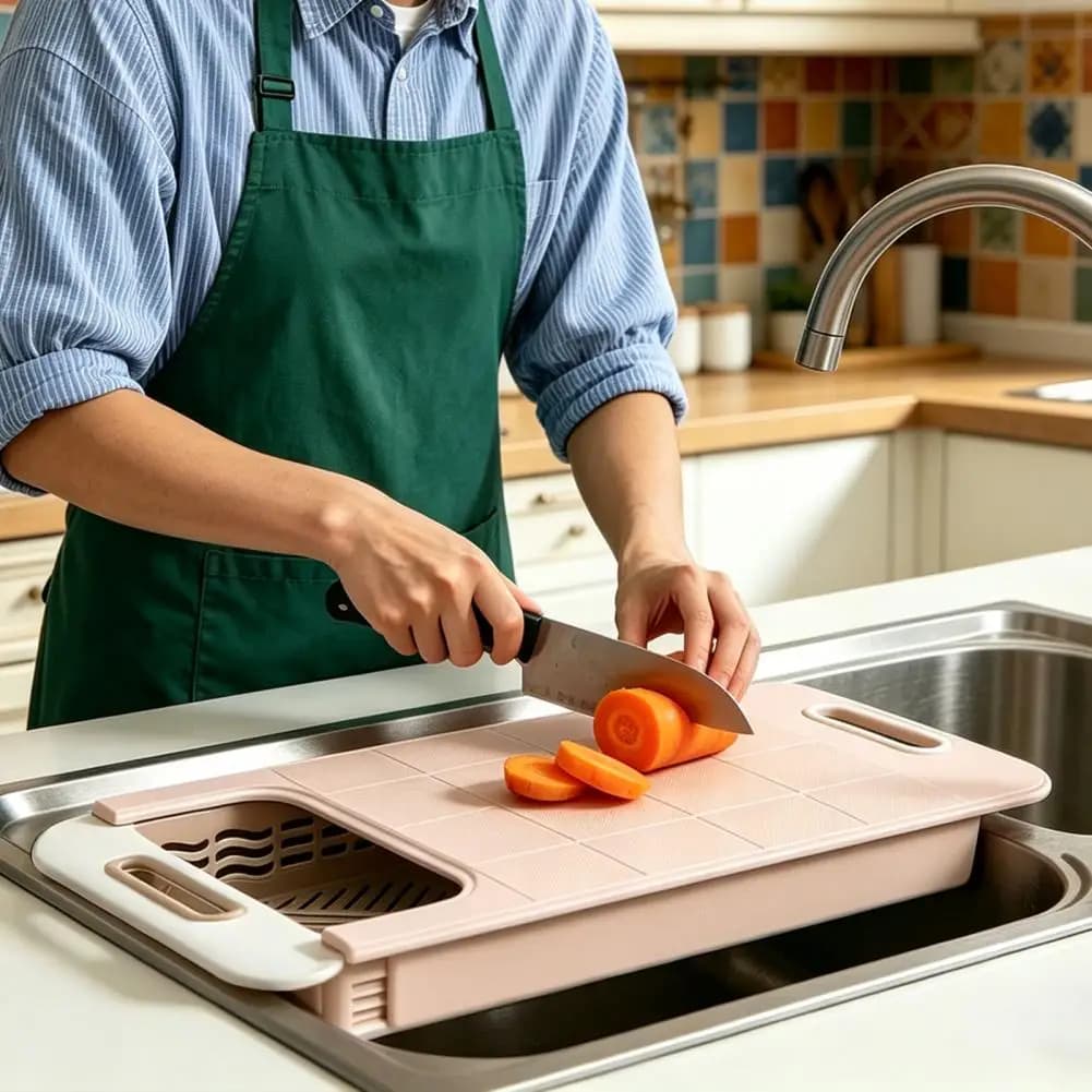 Tagliere in Plastica di Grandi Dimensioni con Manico, Vassoio Scolapiatti, Tagliere Retrattile con Scolapasta per Cucina