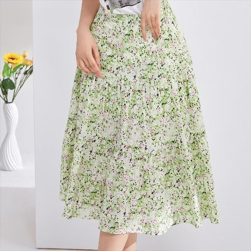 Dailanzhi Nuova Gonna Midi Estiva a Vita Alta a Trapezio in Chiffon con Stampa Floreale, Elegante per il Lavoro, Moda Donna