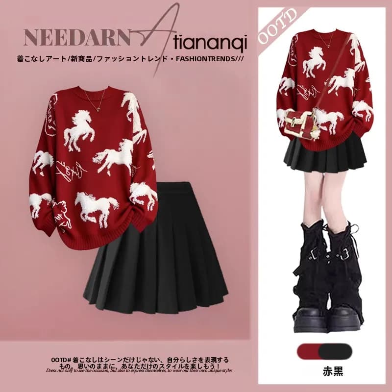 Set Maglione e Gonna Rossa con Motivi, Moda Capodanno, Anti-Invecchiamento, Outfit Invernale da Donna, Completo Due Pezzi, Ensemble Portafortuna