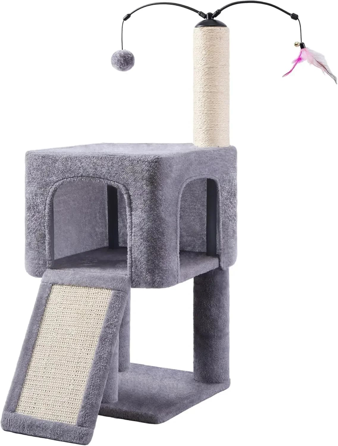 32" Cat Tree for Indoor Cats, 2-Level Cat Tower with Scratching Post & Ramp, Grey