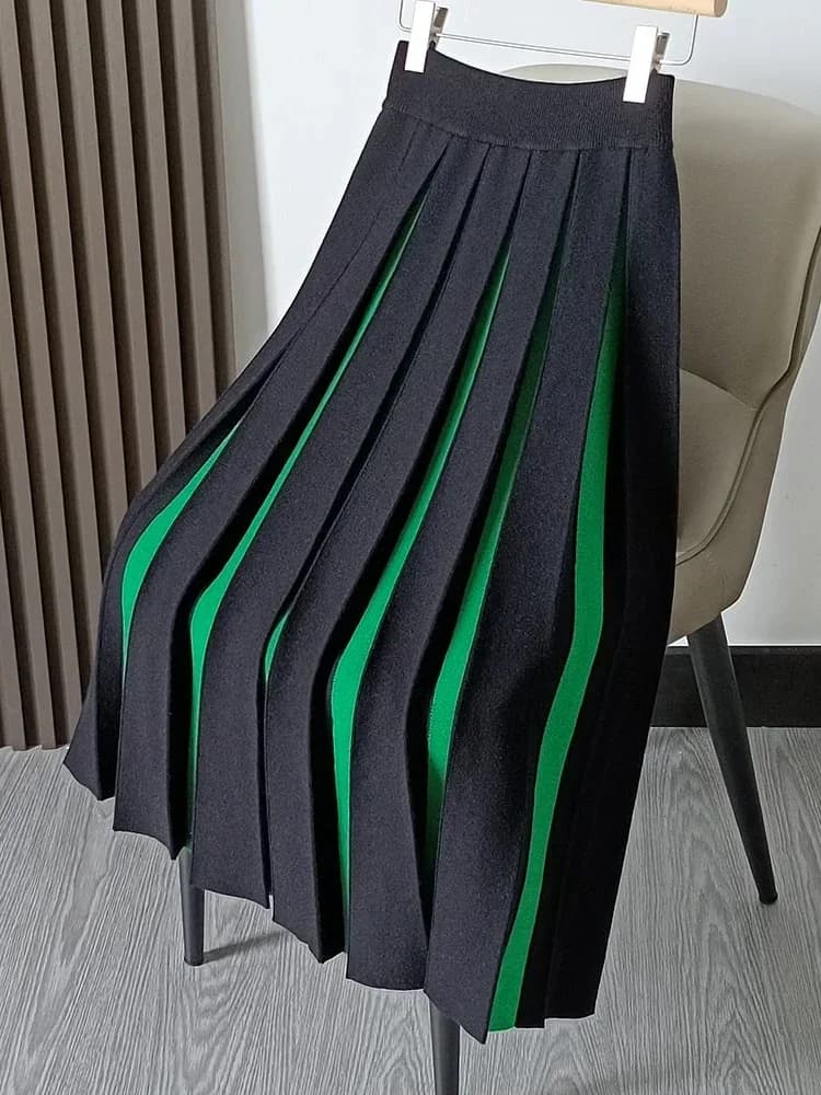Gonne a Vita Alta da Donna Autunno Inverno, Gonne Lunghe in Maglia per Donna Moda 2026, Gonna Lunga Verde Spessa con Inserti per Donna