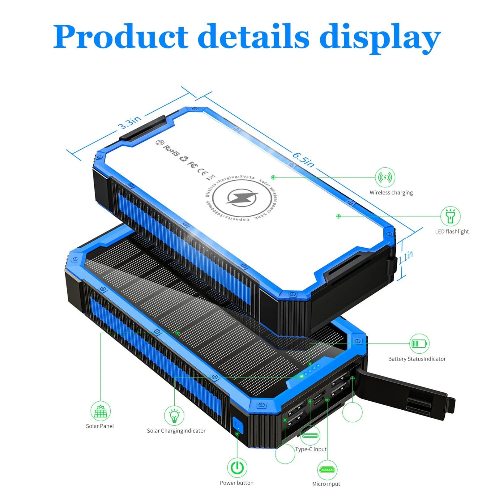 Banca di energia solare portatile 36800mAh Tipo C Ingresso Banca di energia solare Pannello in silicio monocristallino ad alta sicurezza per esterni