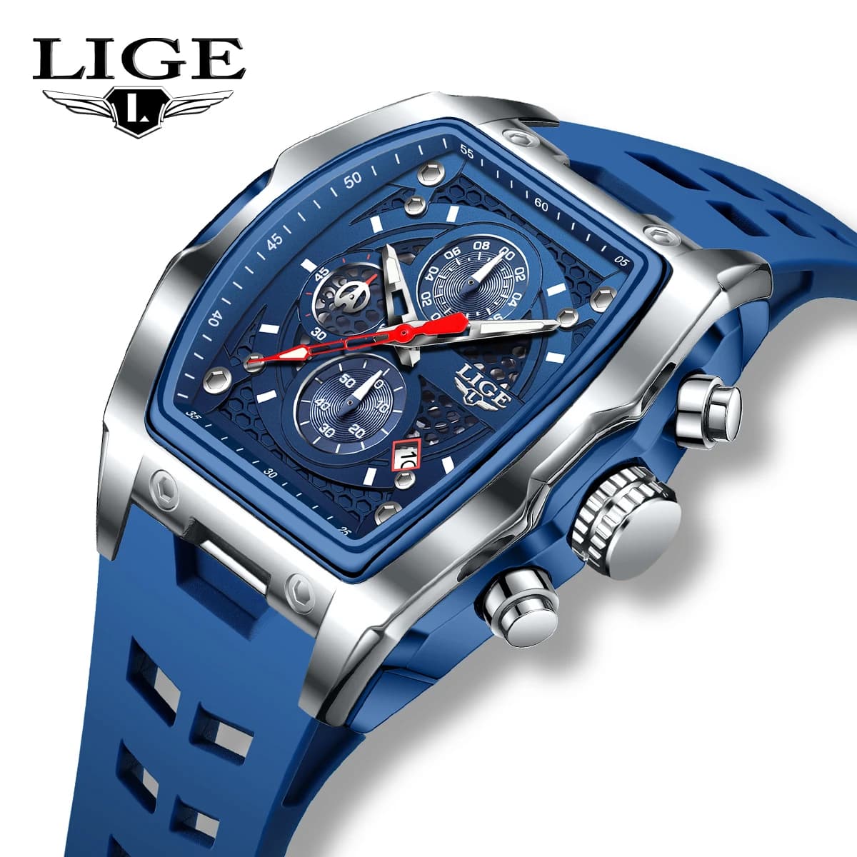 LIGE Orologio da uomo d'affari Cronografo luminoso impermeabile con data Movimento al quarzo Cinturino in silicone Orologio da polso da uomo + confezione in scatola
