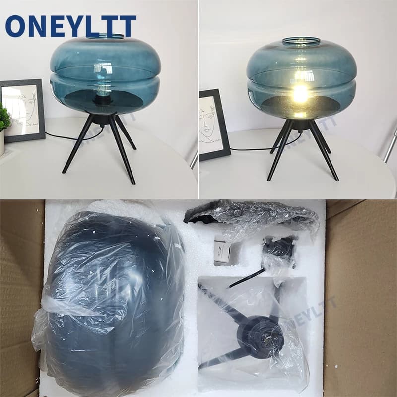 Nordic simple iron Smoke grey blue amber glass lighting LED living room decoration lampade da tavolo camera da letto comodino desk lights