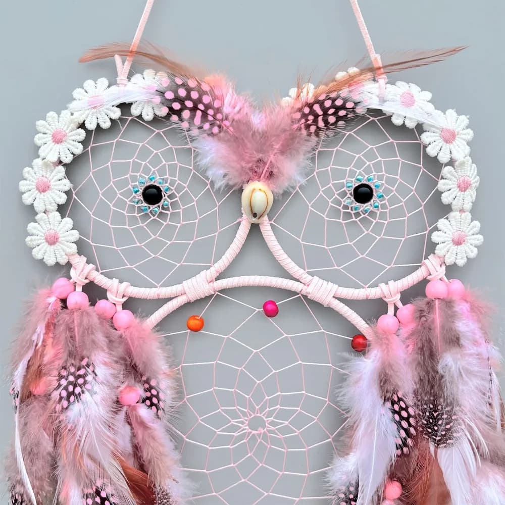 Iron Owl Dreamcatcher 22.05*8.66in Pink Handmade Owl Decor Flower Accent Owl Wall Hanging Ornament Bedroom Decor