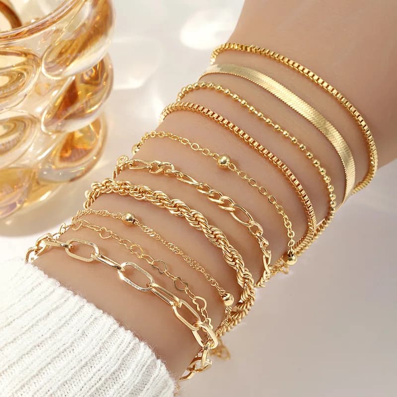 10 pezzi vintage dichiarazione color oro piatto catena serpente scatola braccialetto a catena Boho braccialetto in metallo multistrato gioielli estivi da donna