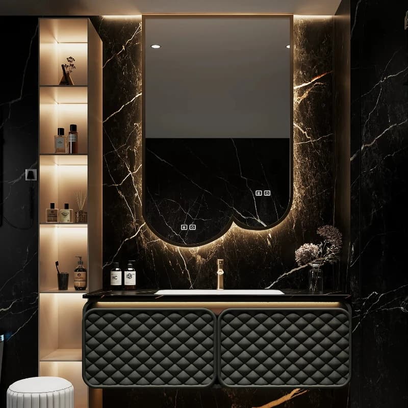 Mobile bagno moderno nero con design trapuntato a rombi e specchio LED a parete per arredi bagno contemporanei