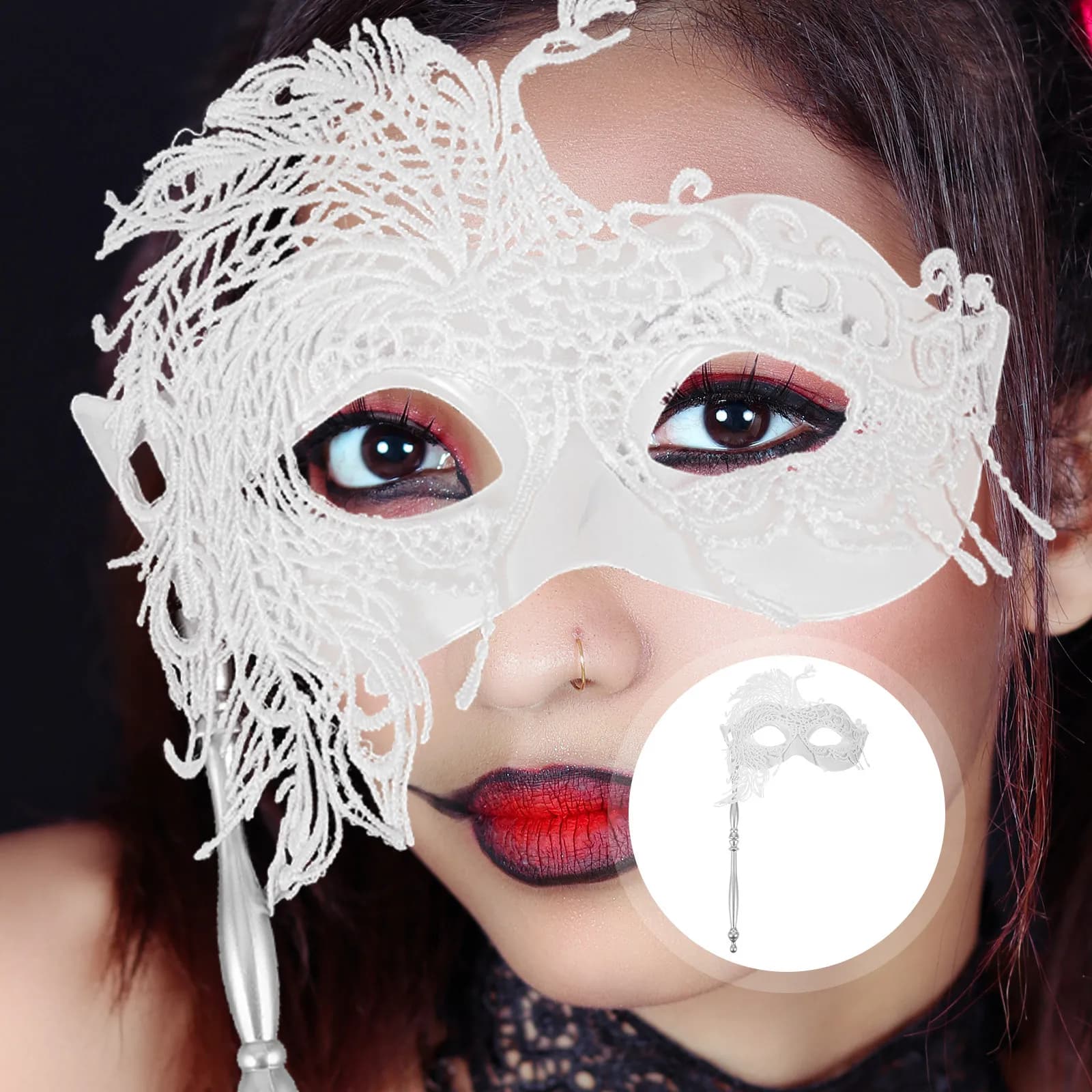 Masquerade Mask with Stick Elegant Lace Women Party Mask Fancy Dress Accessory for Mardi Gras Dancing Event Costume