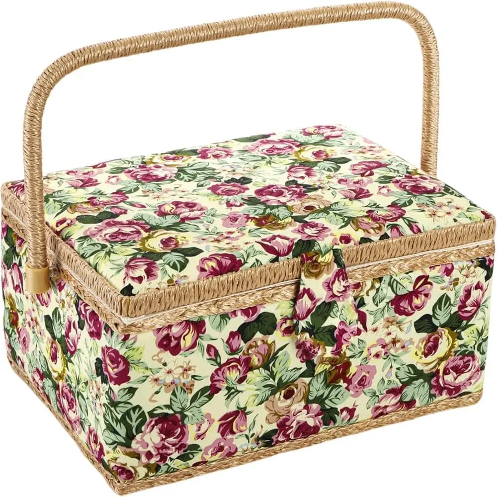 Cestino da cucito grande, scatola da cucito in legno vintage con vassoio rimovibile, scatola portaoggetti per kit da cucito con stampa floreale rosa per cucire M