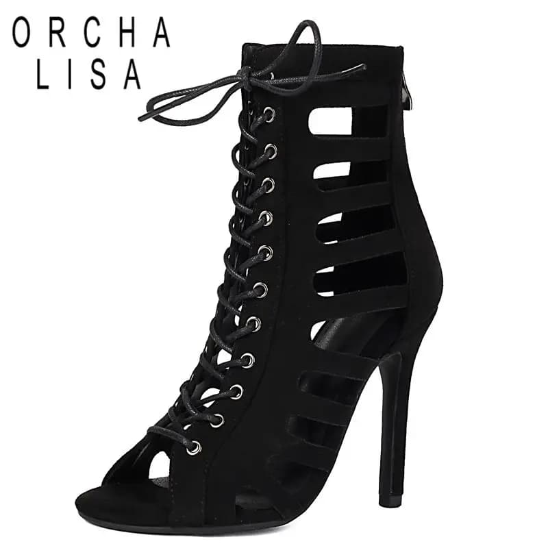 ORCHA LISA Black Women Sandals Peep Toe Zipper Lace Up 10.5cm Stiletto Flock Suede Plus Size 41 42 43 Sexy Dating Shoes Footwear