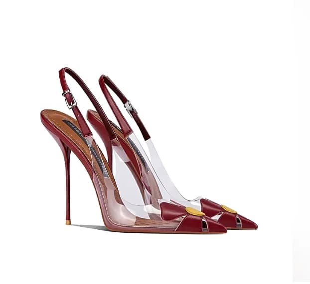 Lacquer leather wine red transparent splicing summer new style queen pointed thin heel high heels for women