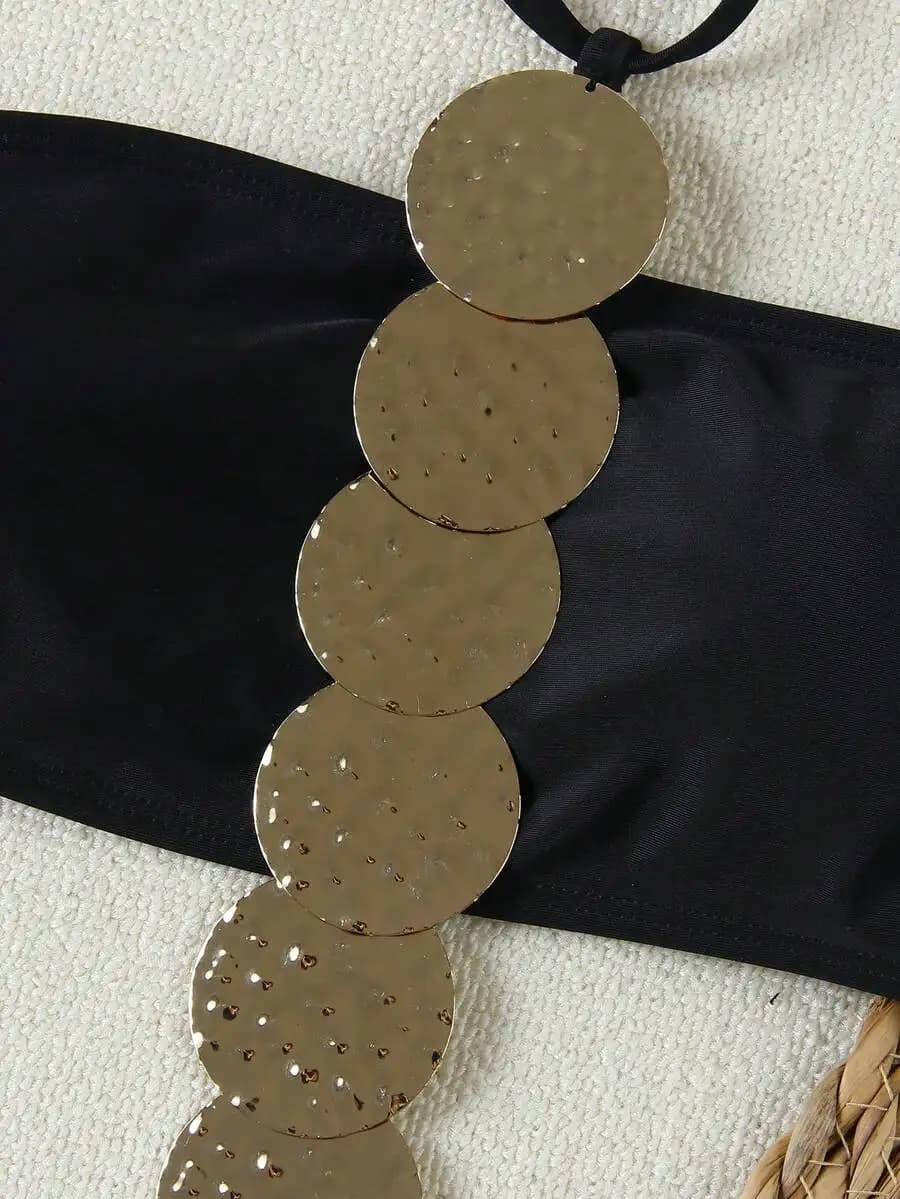 Costume da bagno intero da donna nero metallizzato con scollo all'americana, ideale per l'estate e le vacanze al mare