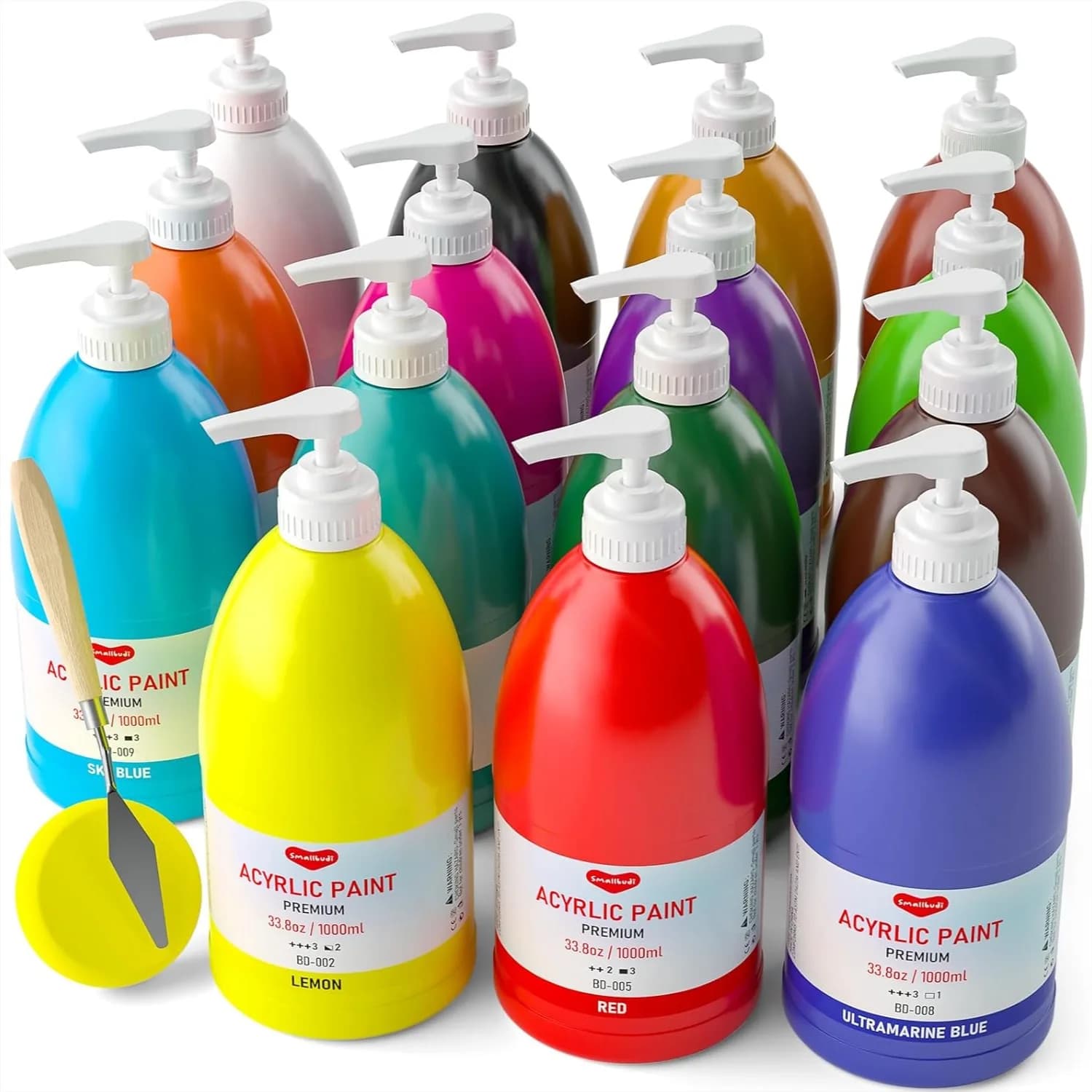 15 Colors Acrylic Paint Set 33.8 oz with Pump, Art Supplies for Canvas Wood Fabric Rock, Color Wheel Included