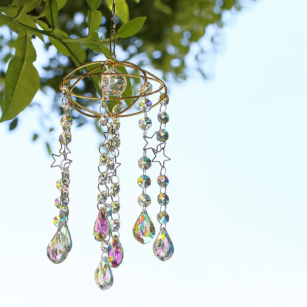 Crystal Wind Chime UFO Pendant Suncatcher Hanging Decor Handmade Prism Beads Light Catcher for Window Garden Balcony Ornament