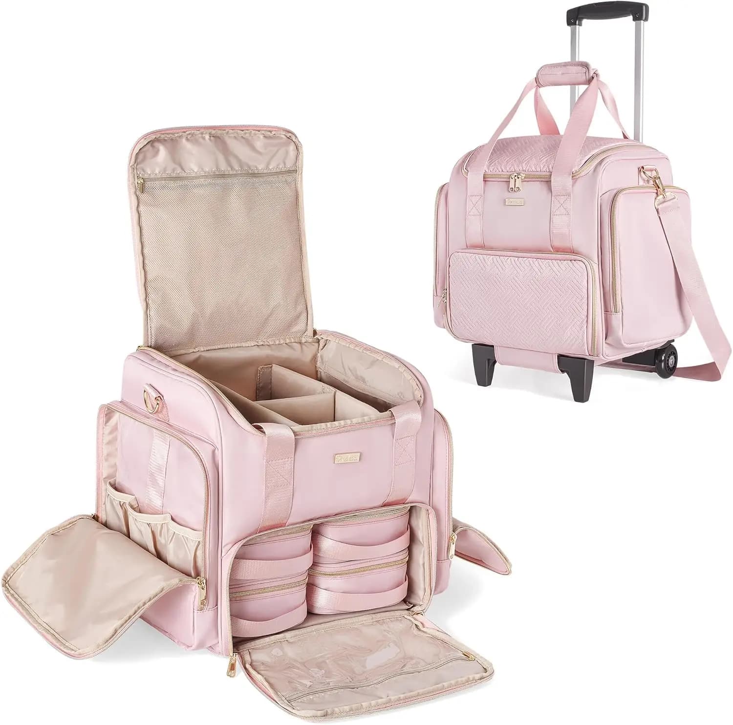 Professional Wheel Makeup Case with 4 Removable Bags, Wheels and Brush Holder - Pink Patent Design