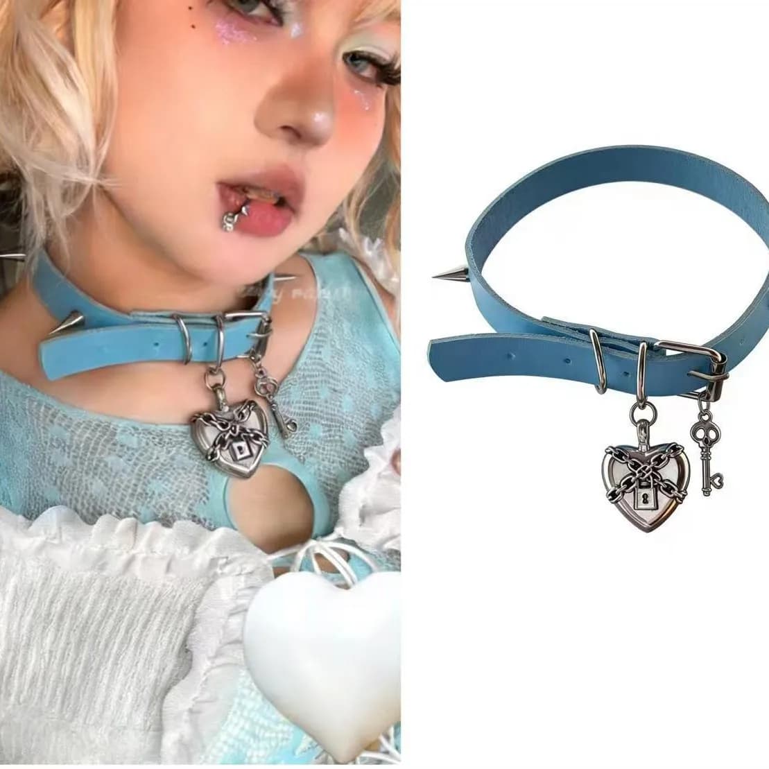 Sweet and Cool Punk Simplicity Subtle design sense Heart-shaped lock Rivet Pendant Leather Stainless steel Collar chain