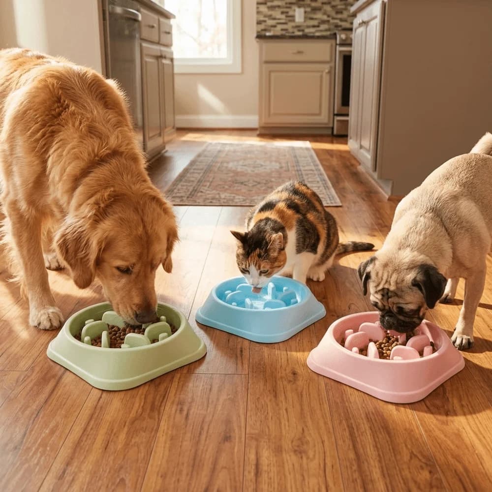 Food Grade Pet Slow Feeder Bowl Large Capacity Round Outline Dog Slow Eating Bowl Anti Slip Base Shallow Groove Cat Feeding Dish