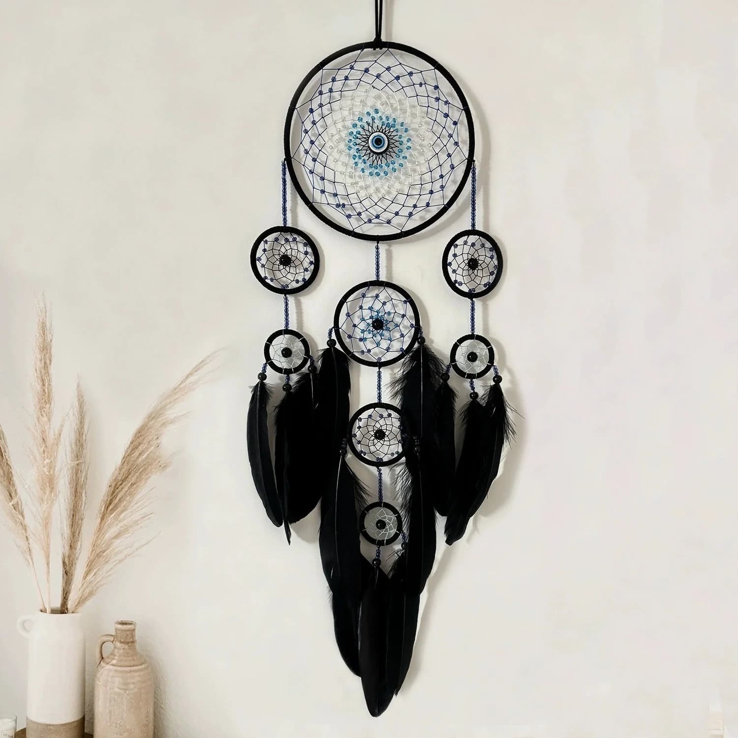 Evil Eye Dream Catcher Retro Wind Chime Hanging Ornament With Blue Feather Home Wall Decoration Dreamcatcher Pendant Gifts