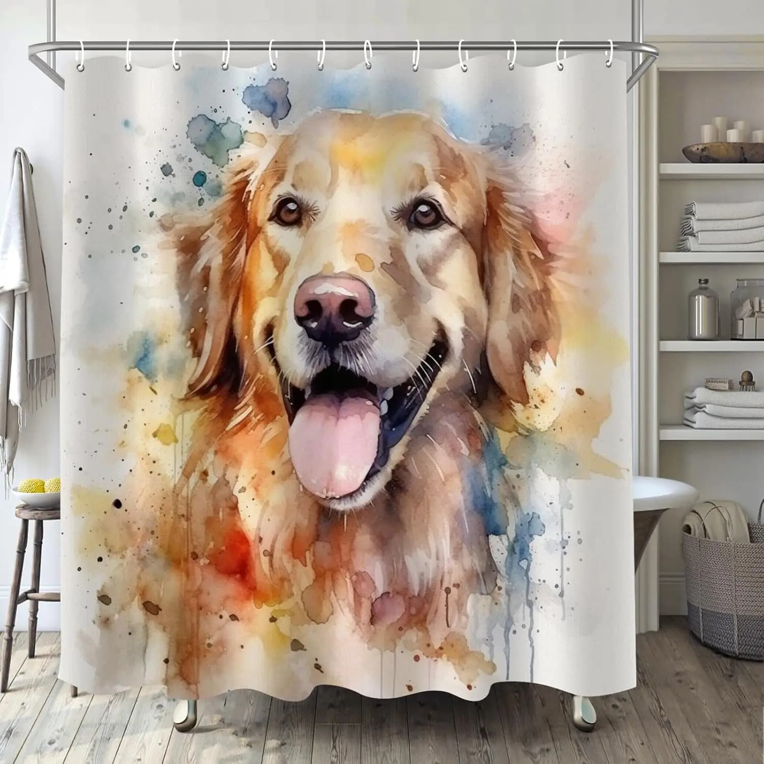 Tenda da doccia Golden Retriever per bagno, set di tende da doccia Boho acquerello con schizzi di vernice per cani, tessuto astratto moderno
