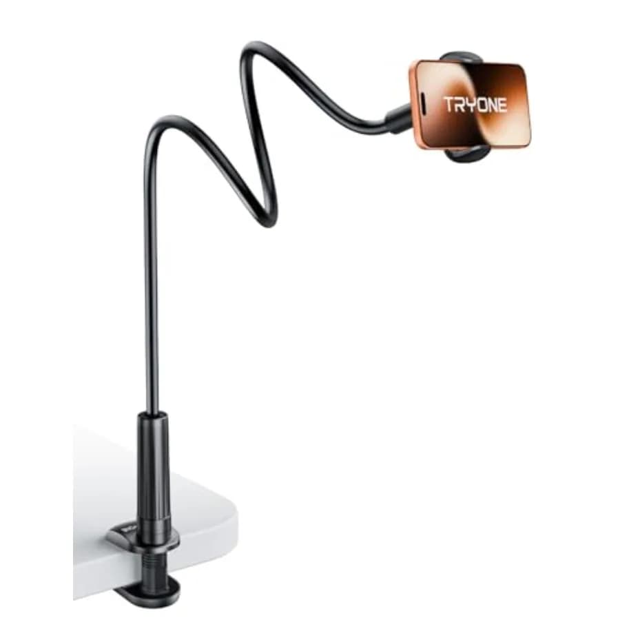 Gooseneck Phone Holder Hands-Free for Phone Viewing Or Recording, Adjustable Stable Metal Cell Stand Mount for Desk Table Bed,
