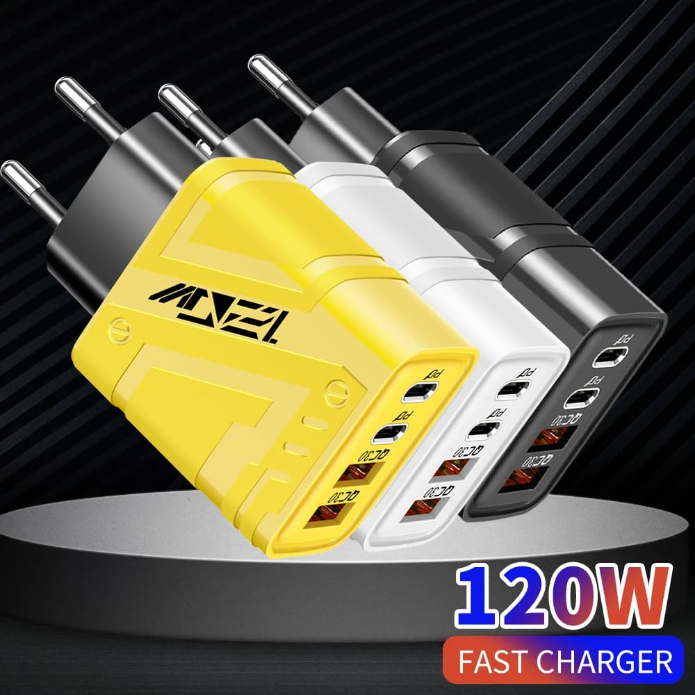 Caricatore di ricarica rapida USB tipo C a 4 porte da 120 W Caricatore da muro con spina UE/USA PD Quick Charge 3.0 Adattatore di alimentazione per caricabatterie multi-porta tipo C
