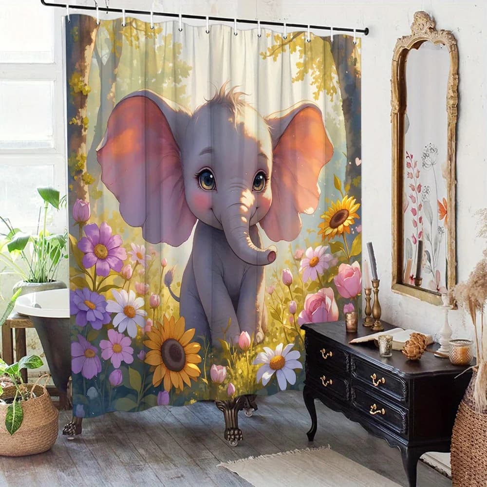 Cartoon Cute Baby Elephant Colorful Wildflower Forest Print Shower Curtain Waterproof Mildew Resistant Polyester Fabric With Fre